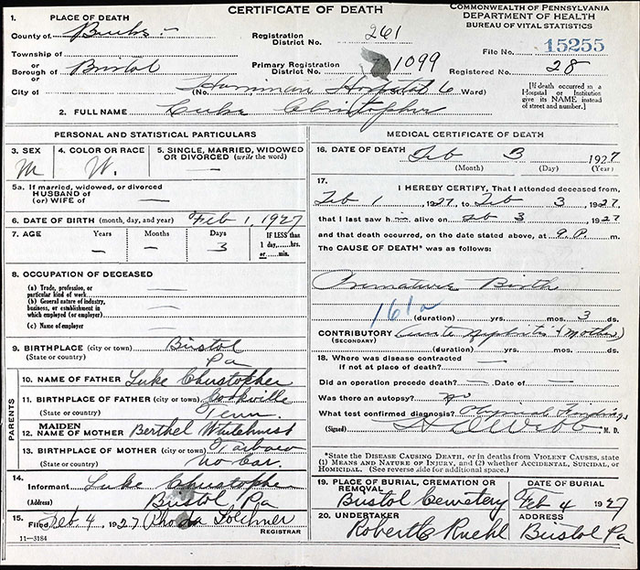 Luke Christopher, Jr. Death Certificate, February 3, 1927 (Source: ancestry.com)