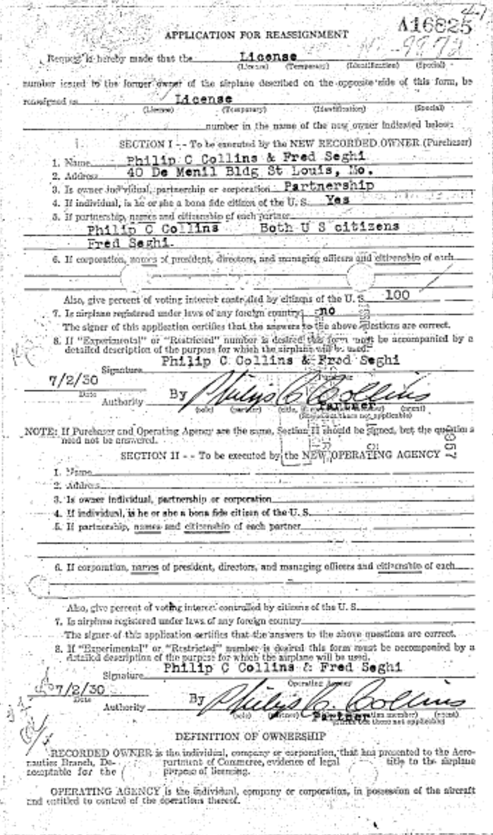 Application for Transfer of Travel Air NC9872 to P.C. Collins (Source: FunFlights) 