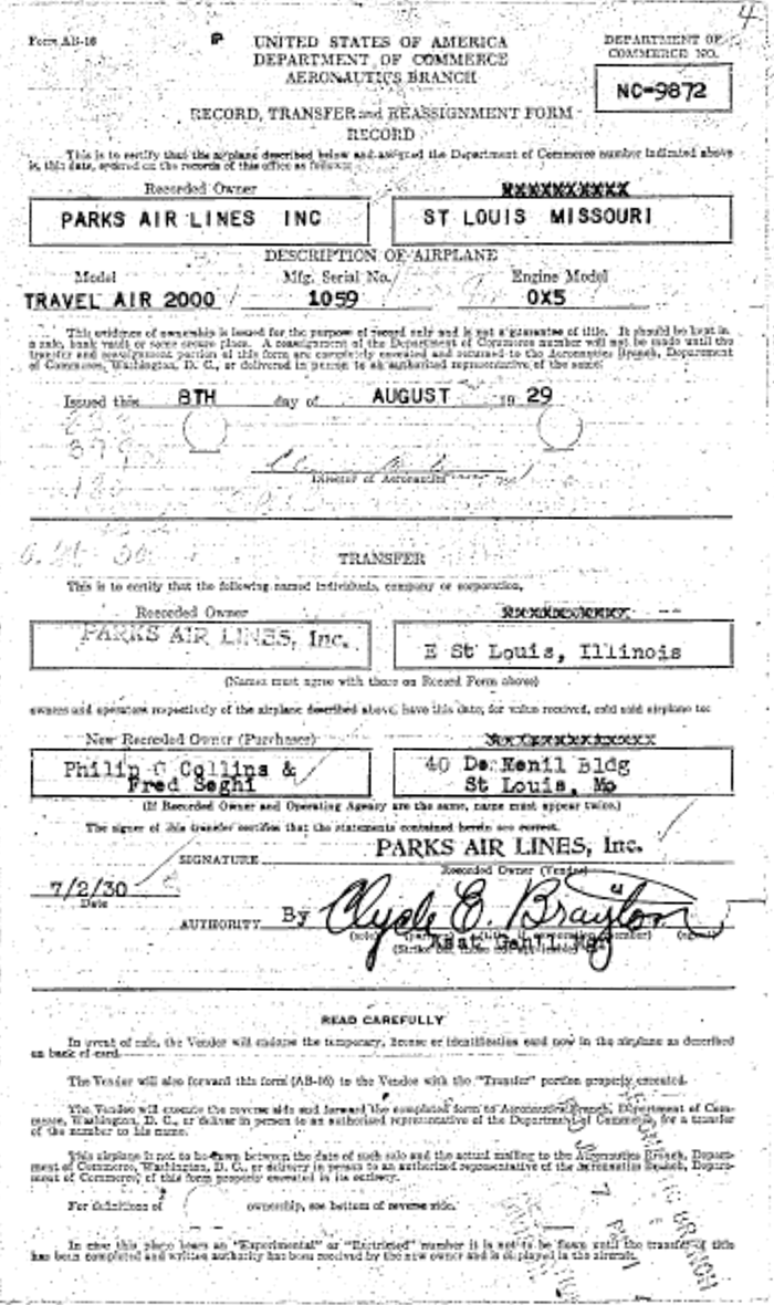 License of Travel Air NC9872, P.C. Collins, July 2, 1929 (Source: FunFlights)
