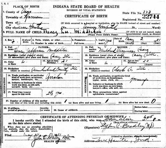 Middleton Daughter Birth Certificate, May 3, 1931 (Source: ancestry.com)