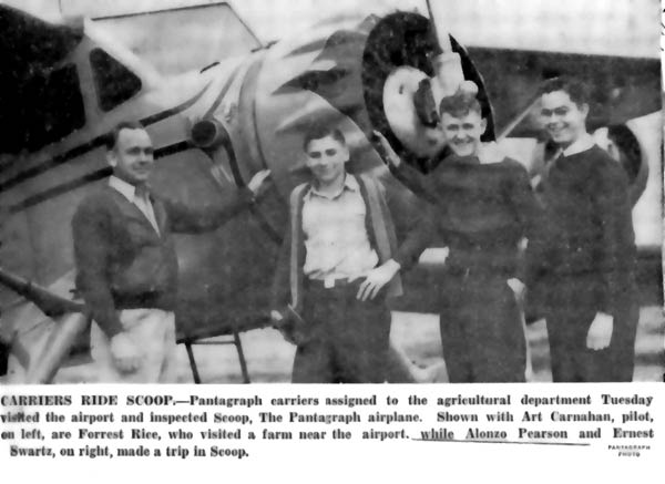 Art Carnahan (L) With Pantagraph Stinson "Scoop" and Newsboys, Date & Location Unknown (Source: Hoppe)