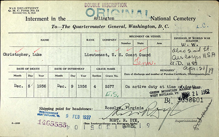L. Christopher, Arlington National Cemetery Interment Form, December 9, 1936 (Source: ancestry.com)