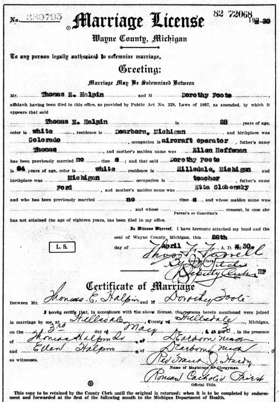 Halpin/Foote Marriage, April 28, 1930 (Source: ancestry.com)