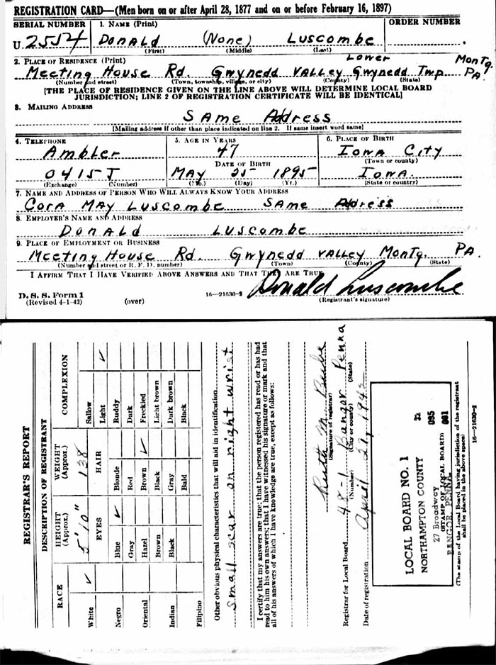 D.A. Luscombe, Draft Registration, April 21, 1942 (Source: ancestry.com) 