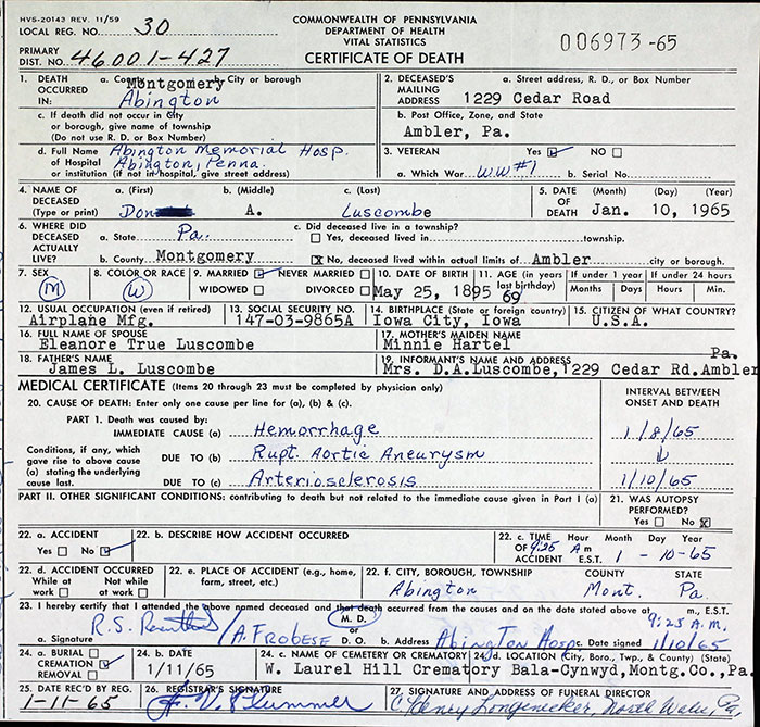 D.A. Luscombe Death Certificate, January 10,1965 (Source: ancestry.com) 