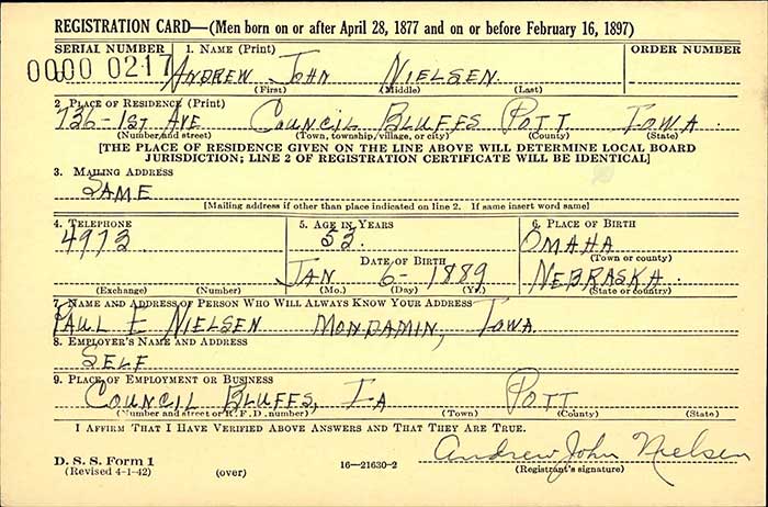 A.J. Nielsen, WWII Draft Registration, 1942 (Source: ancestry.com)