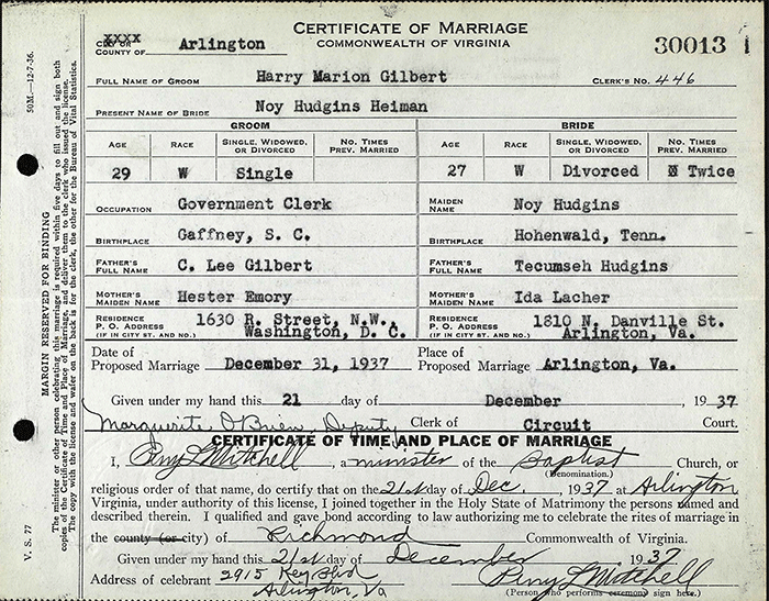 Gilbert-Hudgins Marriage Certificate, December 21, 1937 (Source: ancestry.com) 